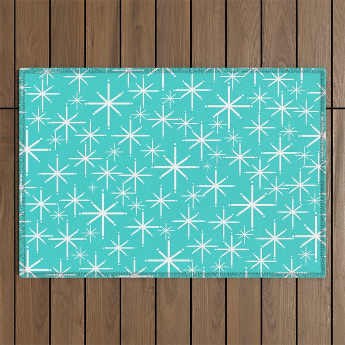 Mid Century Modern Twinkling Starburst Pattern in Robins Egg Turquoise Blue and White Outdoor Rug Gallery Image 1