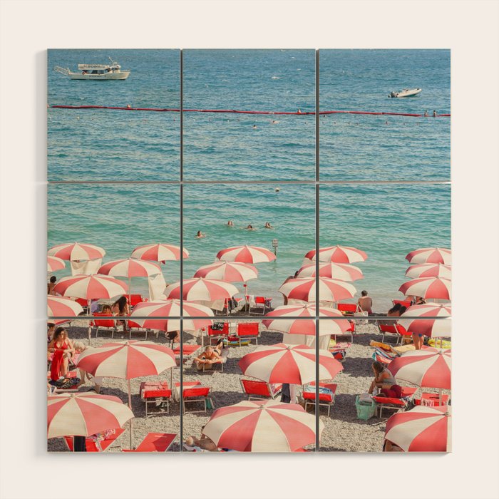 The Red Beach Umbrellas | Amalfi Coast Travel Photography | Europe Summer in Italy in Color Wood Wall Art Gallery Image 1