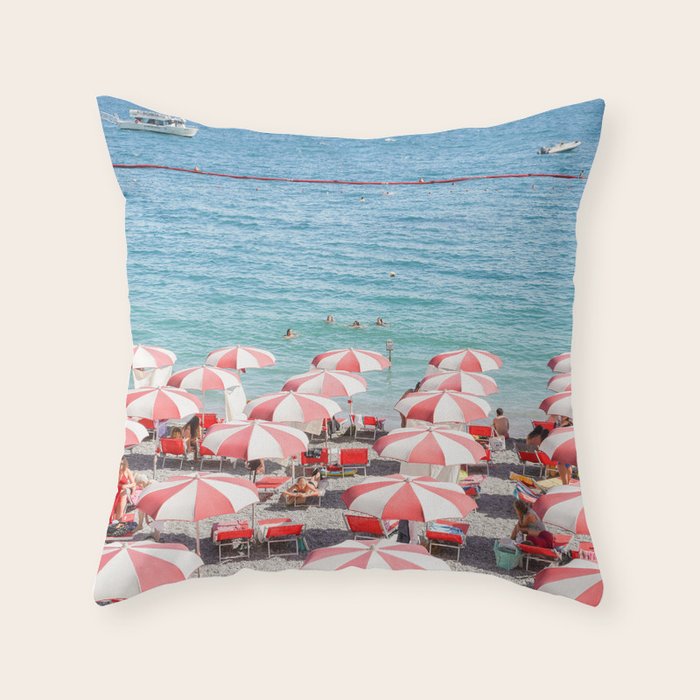 The Red Beach Umbrellas | Amalfi Coast Travel Photography | Europe Summer in Italy in Color Throw Pillow Gallery Image 6