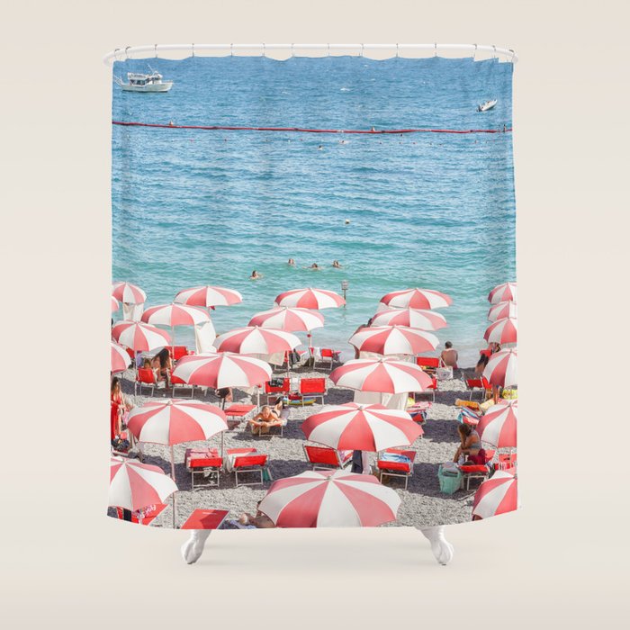 The Red Beach Umbrellas | Amalfi Coast Travel Photography | Europe Summer in Italy in Color Shower Curtain Gallery Image 1