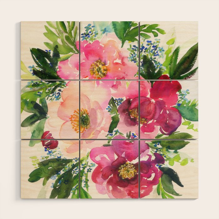 5 pink peonies in watercolor Wood Wall Art Gallery Image 1