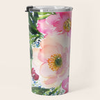 5 pink peonies in watercolor Travel Mug Gallery Image 3