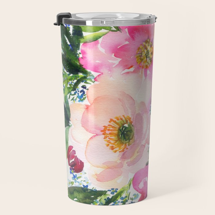5 pink peonies in watercolor Travel Mug Gallery Image 3