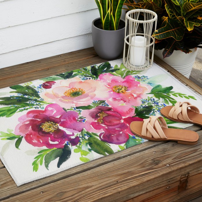 5 pink peonies in watercolor Outdoor Rug Gallery Image 2
