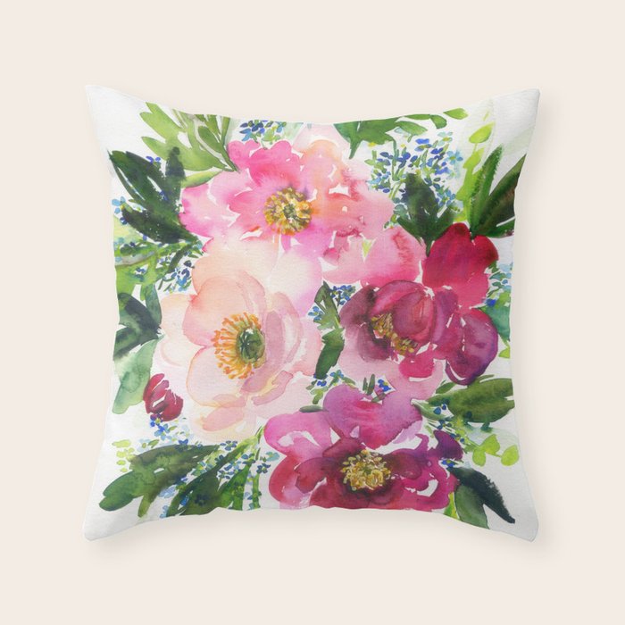 5 pink peonies in watercolor Throw Pillow Gallery Image 6