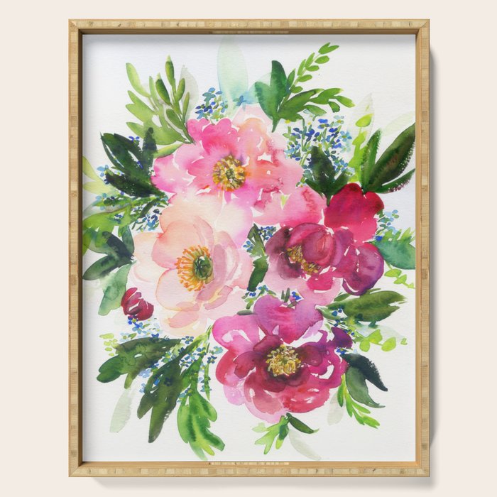 5 pink peonies in watercolor Serving Tray Gallery Image 1