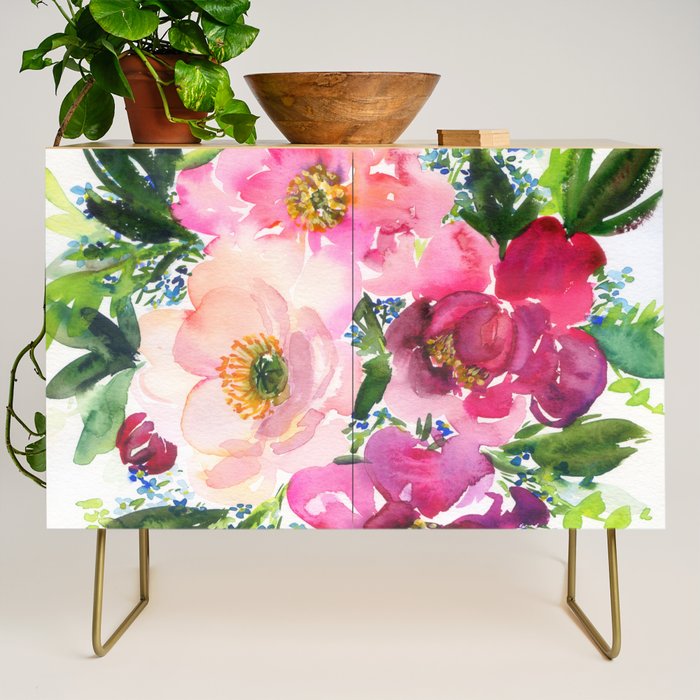 5 pink peonies in watercolor Credenza Gallery Image 1