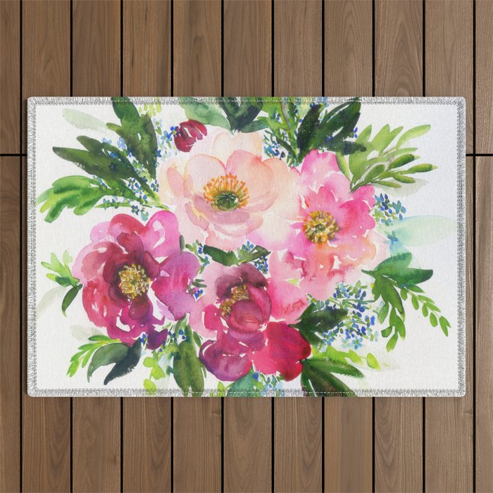 5 pink peonies in watercolor Outdoor Rug Gallery Image 1