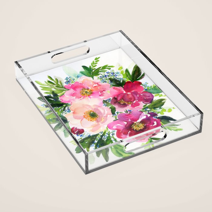 5 pink peonies in watercolor Acrylic Tray Gallery Image 1