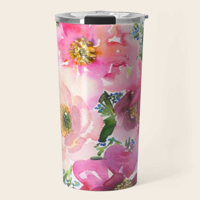 5 pink peonies in watercolor Travel Mug Gallery Image 1