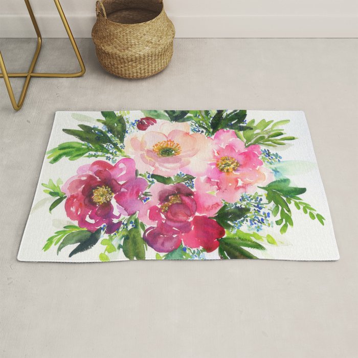 5 pink peonies in watercolor Rug Gallery Image 1
