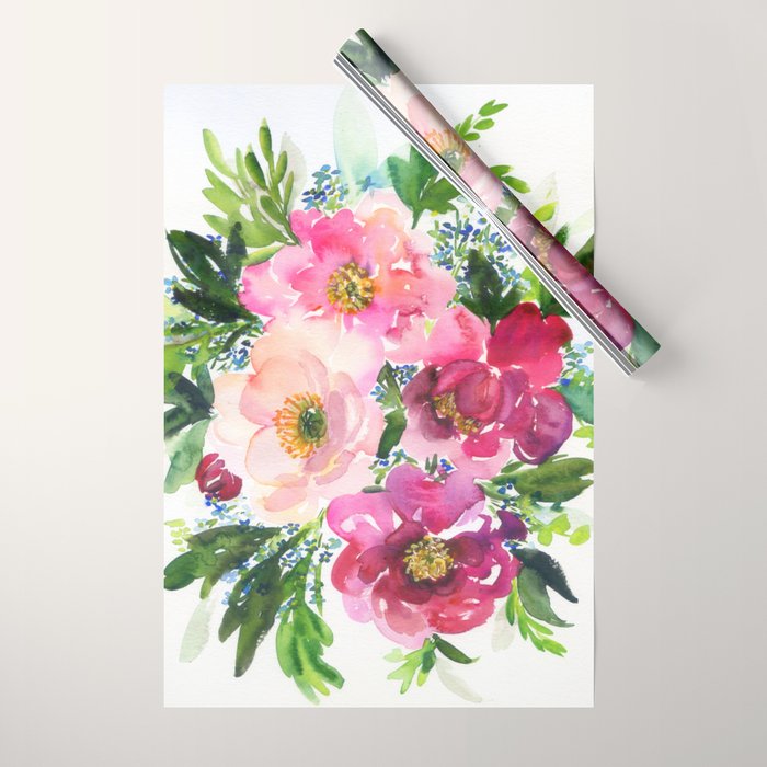 5 pink peonies in watercolor Wrapping Paper Gallery Image 1