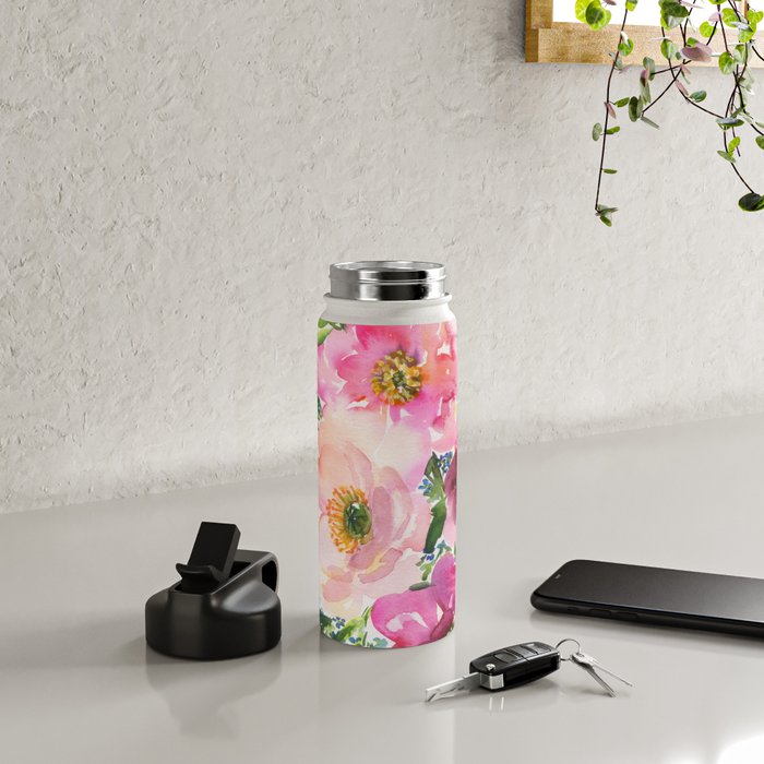 5 pink peonies in watercolor Water Bottle Gallery Image 4