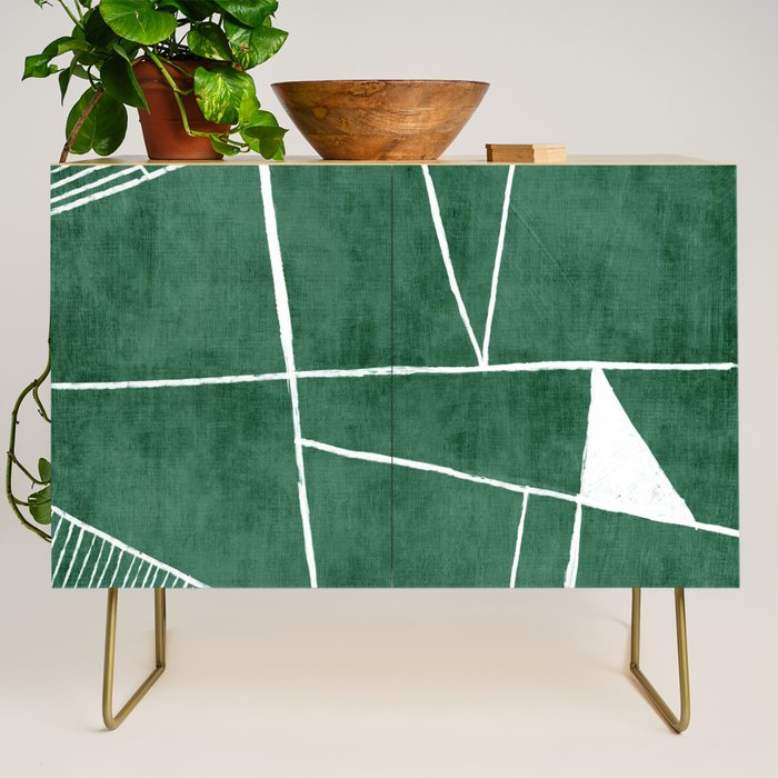 Abstract Dark Green Geometric Art White Line Design Credenza Gallery Image 1