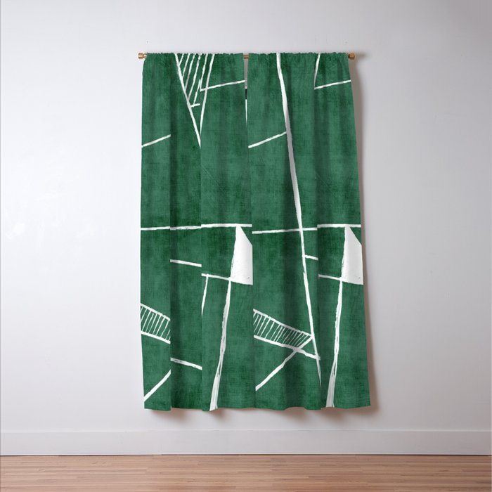 Abstract Dark Green Geometric Art White Line Design Window Curtain Gallery Image 3