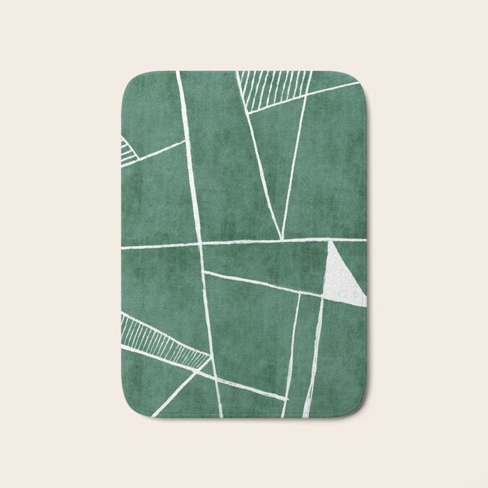 Abstract Dark Green Geometric Art White Line Design Bath Mat Gallery Image 1