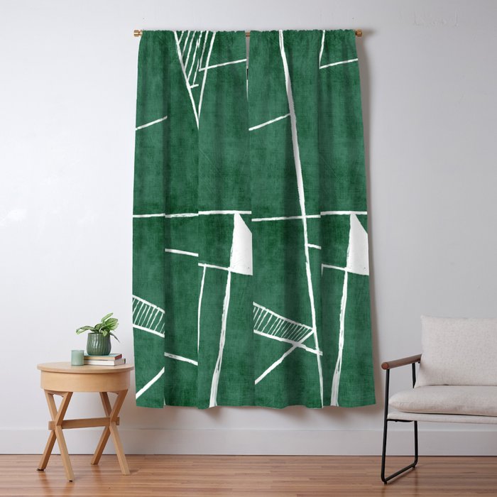 Abstract Dark Green Geometric Art White Line Design Window Curtain Gallery Image 5