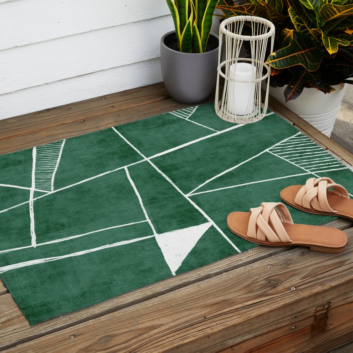 Abstract Dark Green Geometric Art White Line Design Outdoor Rug Gallery Image 2