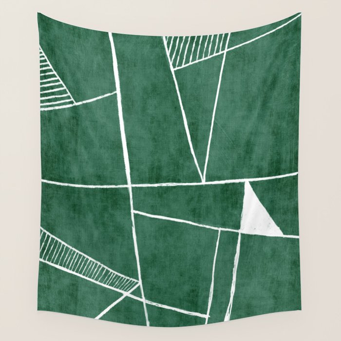 Abstract Dark Green Geometric Art White Line Design Wall Tapestry Gallery Image 1