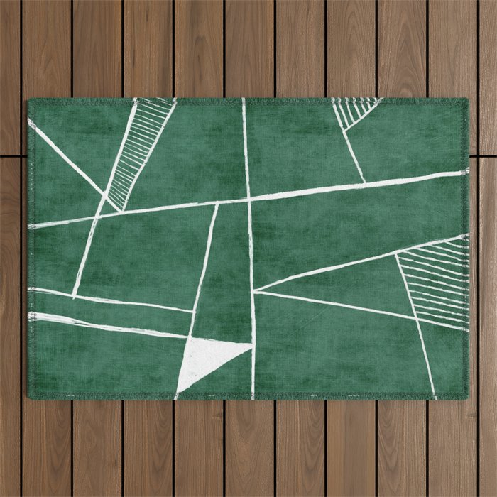 Abstract Dark Green Geometric Art White Line Design Outdoor Rug Gallery Image 1