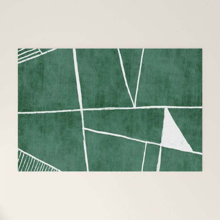 Abstract Dark Green Geometric Art White Line Design Welcome Mat Gallery Image 1