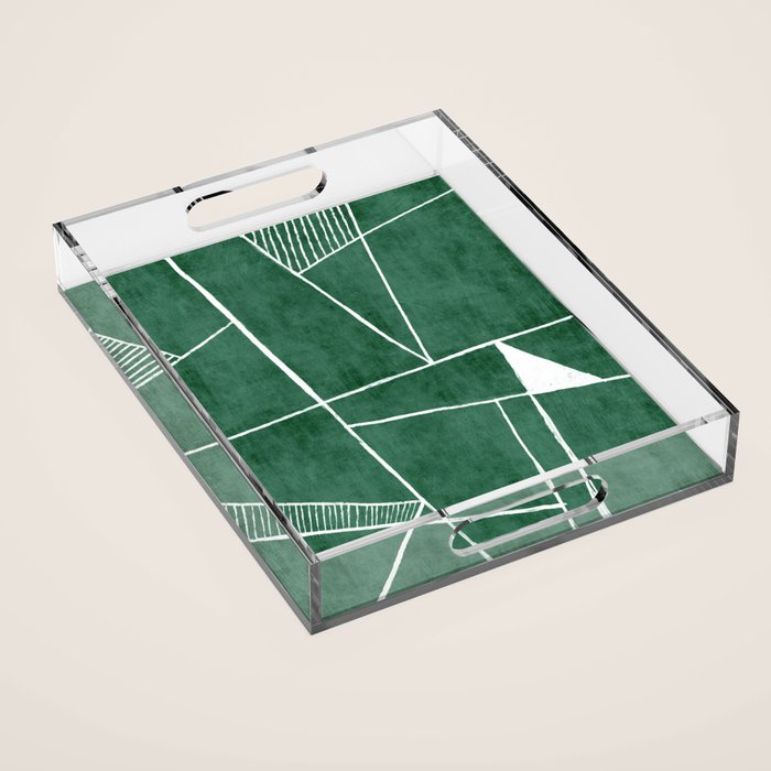 Abstract Dark Green Geometric Art White Line Design Acrylic Tray Gallery Image 1