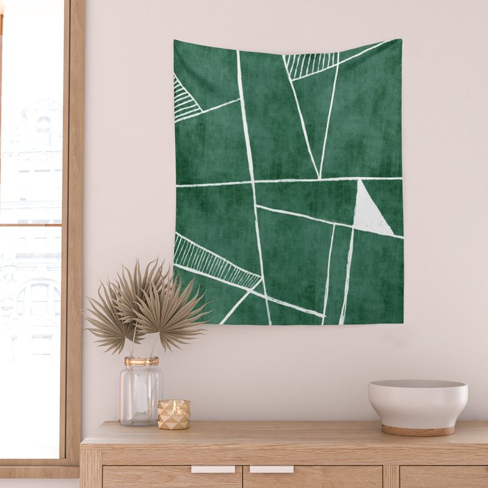 Abstract Dark Green Geometric Art White Line Design Wall Tapestry Gallery Image 2