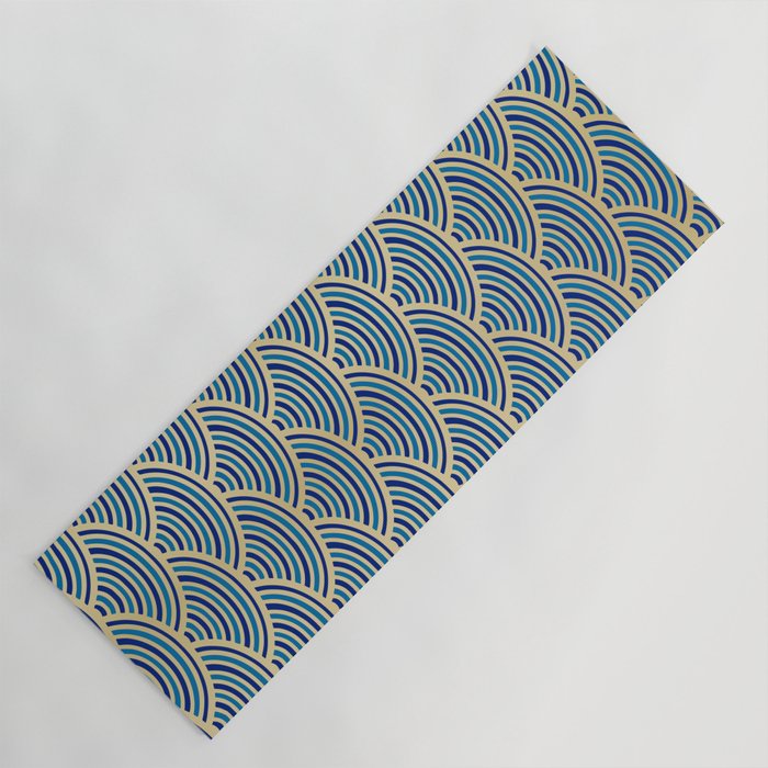 Festive, Art Deco, Wave, Pattern, Blue and Gold Yoga Mat Gallery Image 1