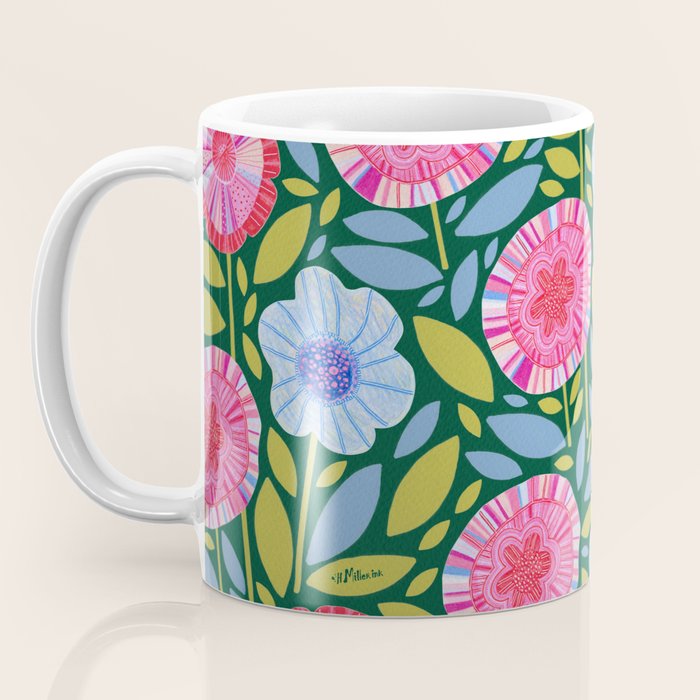 Folk Floral Blossoms in Forest Green Coffee Mug Gallery Image 3