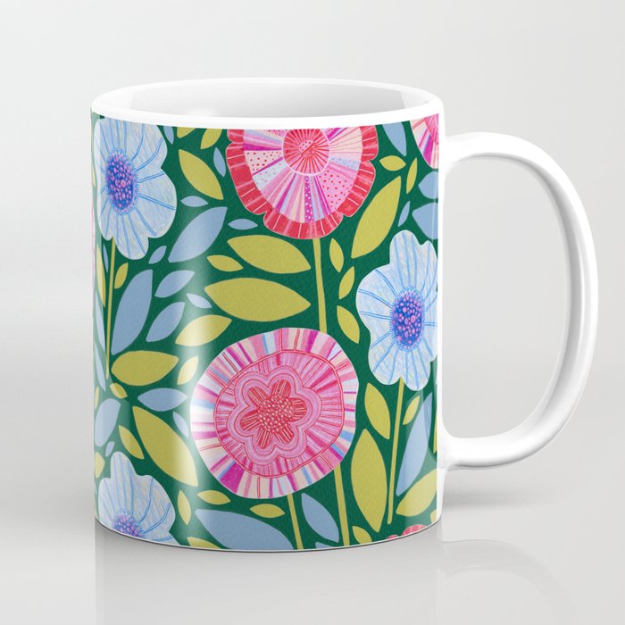 Folk Floral Blossoms in Forest Green Coffee Mug Gallery Image 1