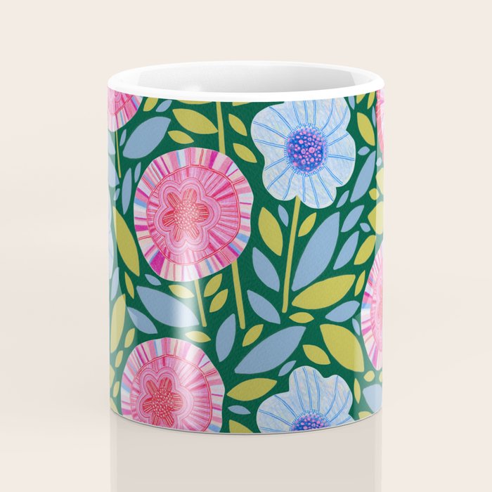Folk Floral Blossoms in Forest Green Coffee Mug Gallery Image 4
