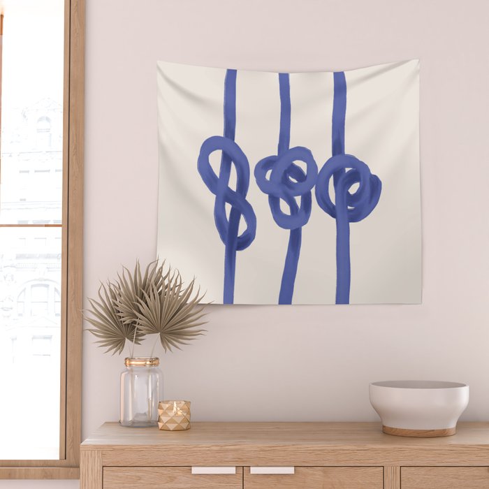 Knotted Rope Art  Minimalist Blue on Cream Illustration Wall Tapestry Gallery Image 2