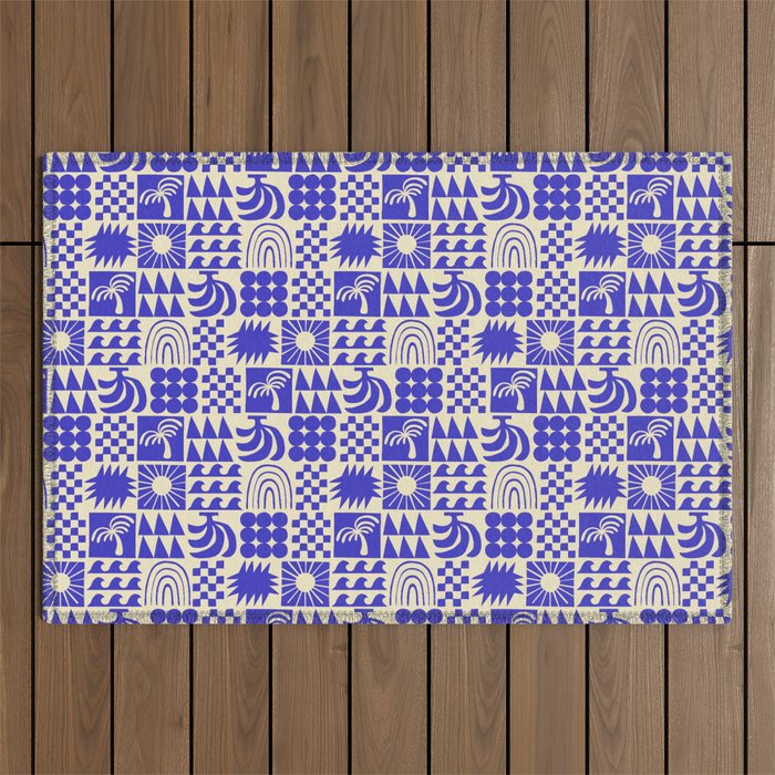 Abstract blue tropical mosaic art pattern Outdoor Rug Gallery Image 1