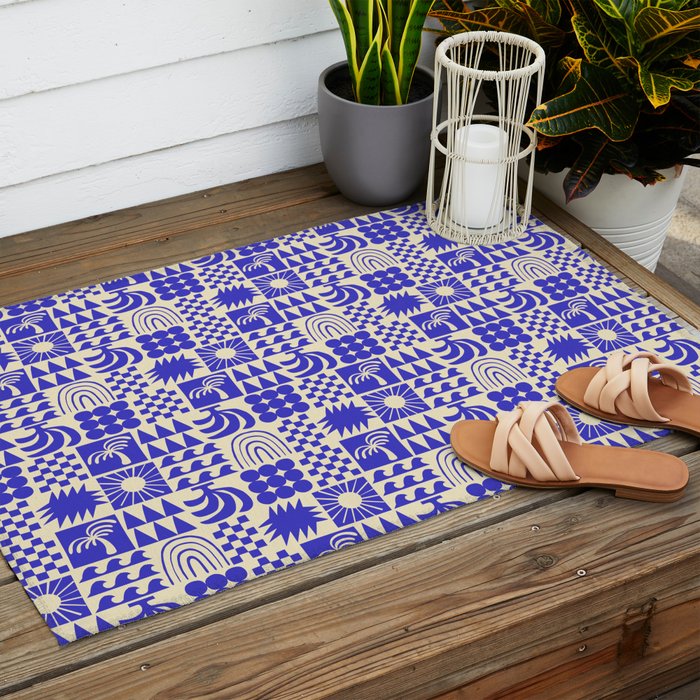 Abstract blue tropical mosaic art pattern Outdoor Rug Gallery Image 2