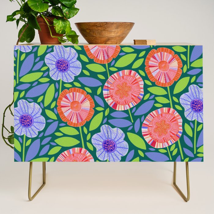 Folk Floral Blossoms in Turquoise Credenza Gallery Image 1