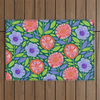 Folk Floral Blossoms in Turquoise Outdoor Rug Gallery Image 1
