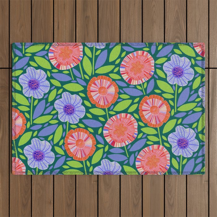 Folk Floral Blossoms in Turquoise Outdoor Rug Gallery Image 1