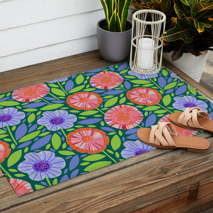 Folk Floral Blossoms in Turquoise Outdoor Rug Gallery Image 2