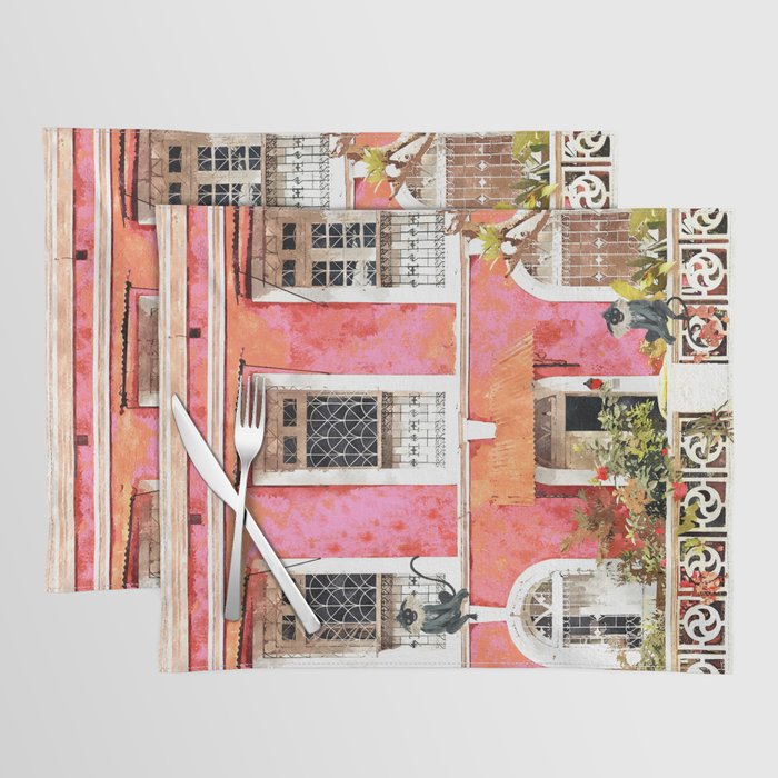 Monkey Business | Watercolor Tropical Goa Architecture Painting | Travel Pastel Pink Blush Building Placemat Gallery Image 1