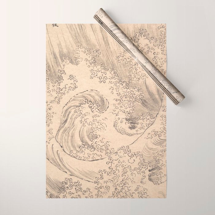 Wave by Katsushika Hokusai 1760-1849 Japanese Woodblock Allover Pattern Black and Tan Ink Drawing Wrapping Paper Gallery Image 1