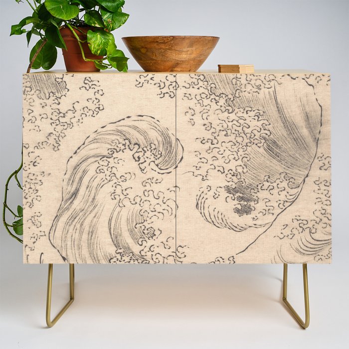 Wave by Katsushika Hokusai 1760-1849 Japanese Woodblock Allover Pattern Black and Tan Ink Drawing Credenza Gallery Image 1