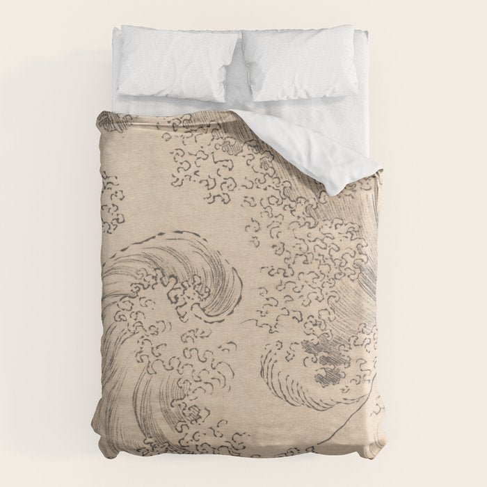 Wave by Katsushika Hokusai 1760-1849 Japanese Woodblock Allover Pattern Black and Tan Ink Drawing Duvet Cover Gallery Image 1
