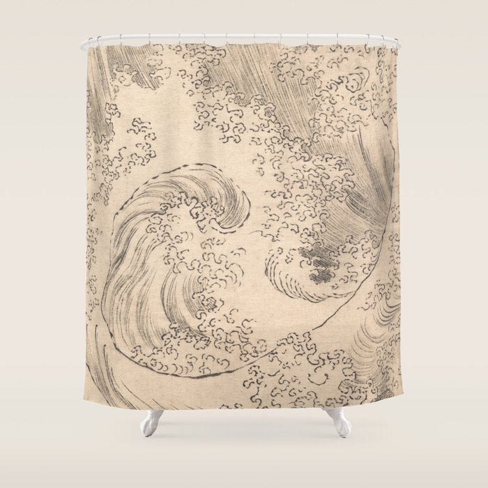 Wave by Katsushika Hokusai 1760-1849 Japanese Woodblock Allover Pattern Black and Tan Ink Drawing Shower Curtain Gallery Image 1
