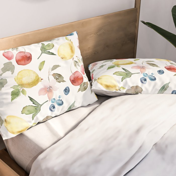 Lemon Berries and Cherries Watercolor Pattern Pillow Sham Gallery Image 2