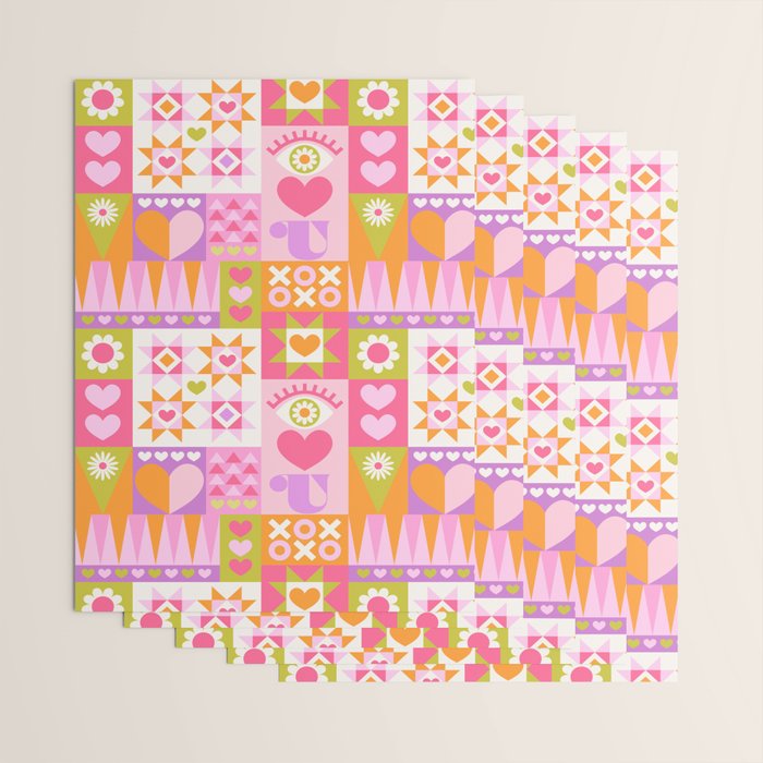 I Love You Checkerboard - Pink & Orange Wrapping Paper Gallery Image 3
