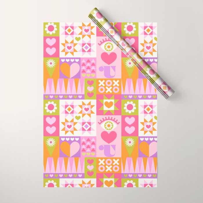 I Love You Checkerboard - Pink & Orange Wrapping Paper Gallery Image 1