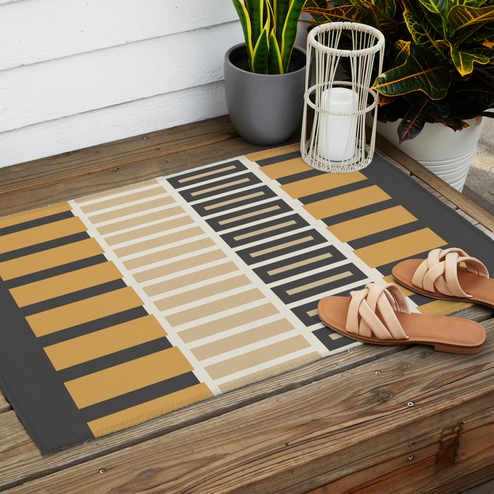 Retro Contemporary Block Stripes in Charcoal Ochre Outdoor Rug Gallery Image 2