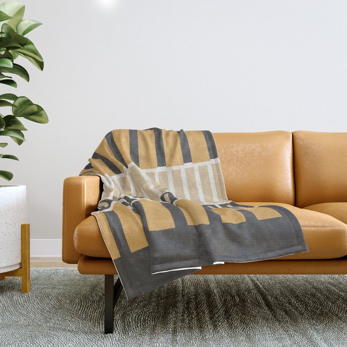 Retro Contemporary Block Stripes in Charcoal Ochre Throw Blanket Gallery Image 1