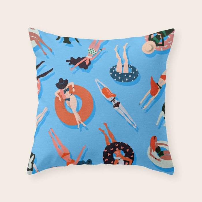 Swimming Ladies - Coral & Blue Palette Throw Pillow Gallery Image 1