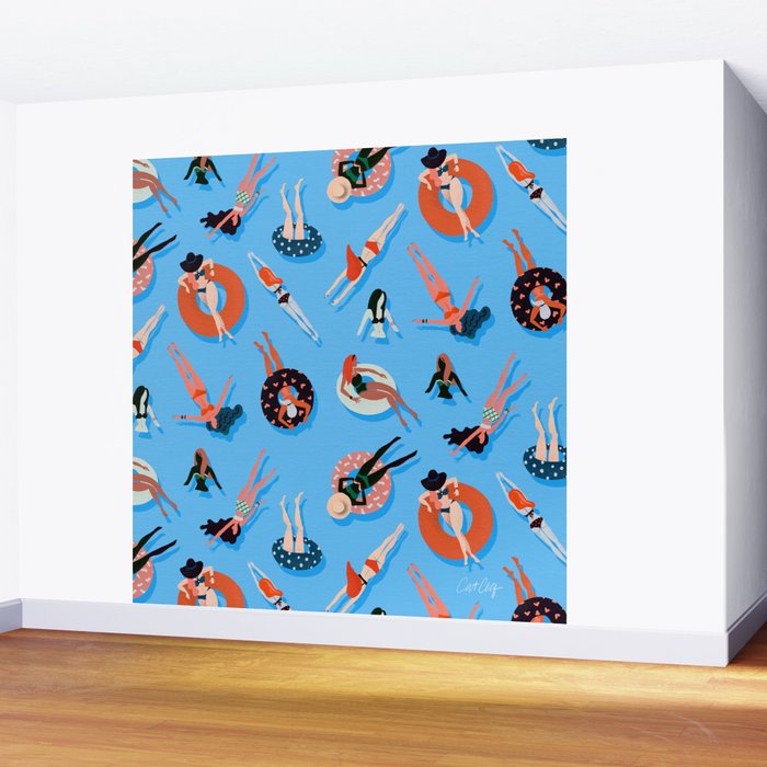 Swimming Ladies - Coral & Blue Palette Wall Mural Gallery Image 2